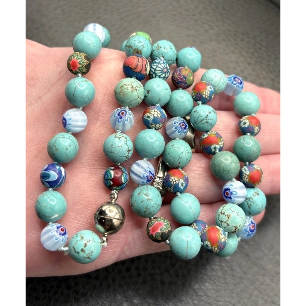 Vintage Blue Stone Millefiore Glass Italian Beads 8mm 26" Beaded Necklace